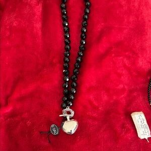 Chic Black Beaded Necklace with Silver Heart Charm